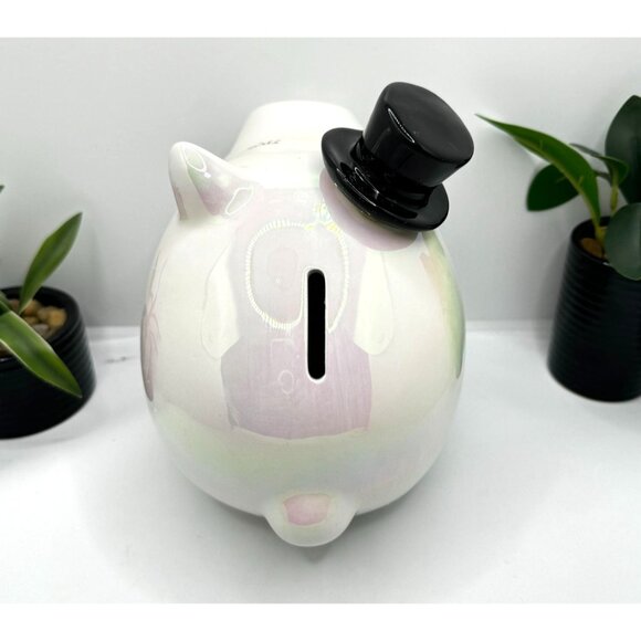 Ceramic Piggy Bank With Black Top Hat Iridescent Finish Coin Slot & Removable St - Picture 4 of 6